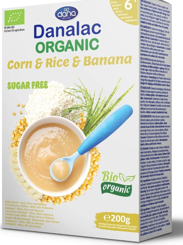 Danalac Bio Organic Cereale Orez, Porumb, Banana, 4 m+, 200g, fara zahar