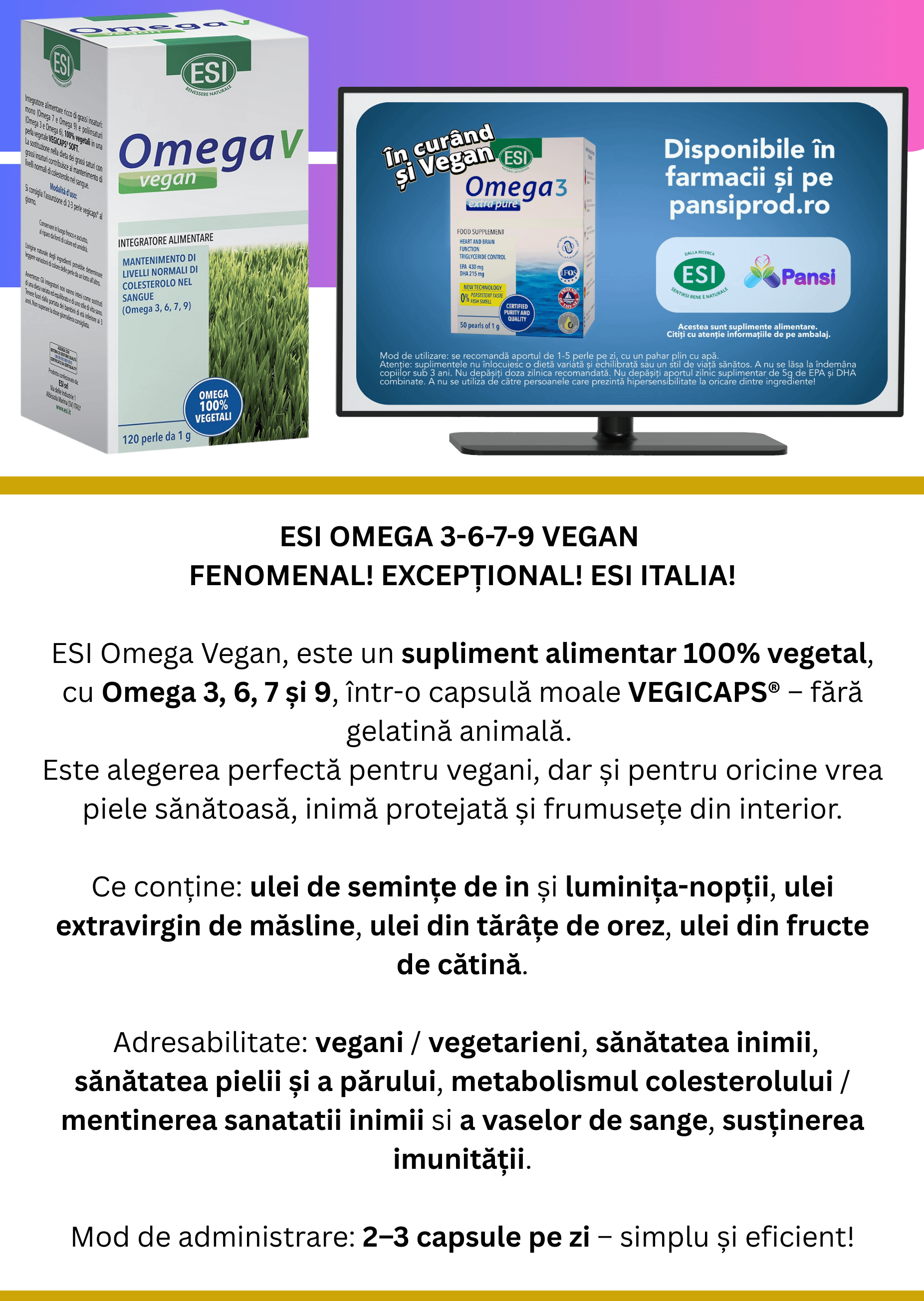 ESI Omega 3-6-7-9 Vegan x 120 capsule gelatinoase moi (perle)