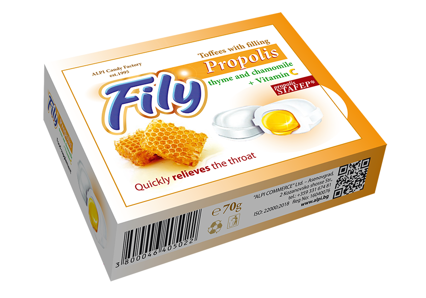 ALPI FILY PROPOLIS Bomboane umplute cu extract de propolis si vitamina C, 70 g
