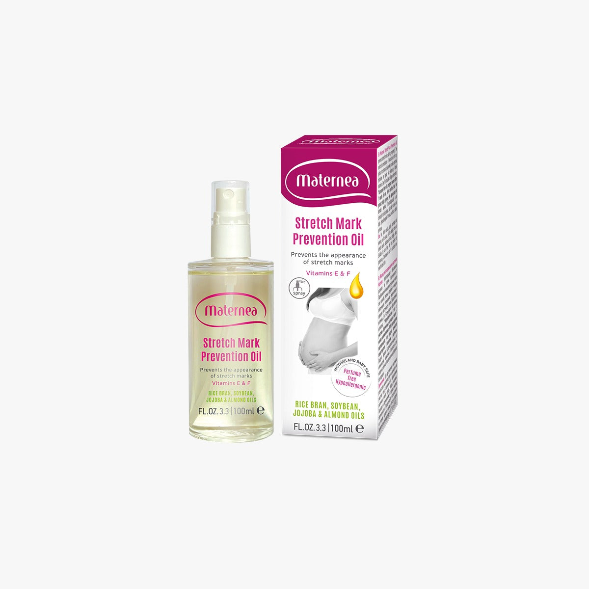 Maternea Spray ulei de prevenire a vergeturilor cu Vit E si F - Rice Bran, Soybean, Jojoba & Almons Oils, 100ml