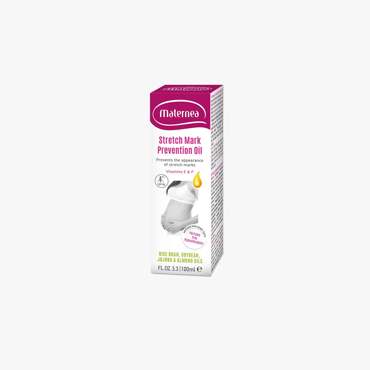 Maternea Spray ulei de prevenire a vergeturilor cu Vit E si F - Rice Bran, Soybean, Jojoba & Almons Oils, 100ml Imagine principală a produsului