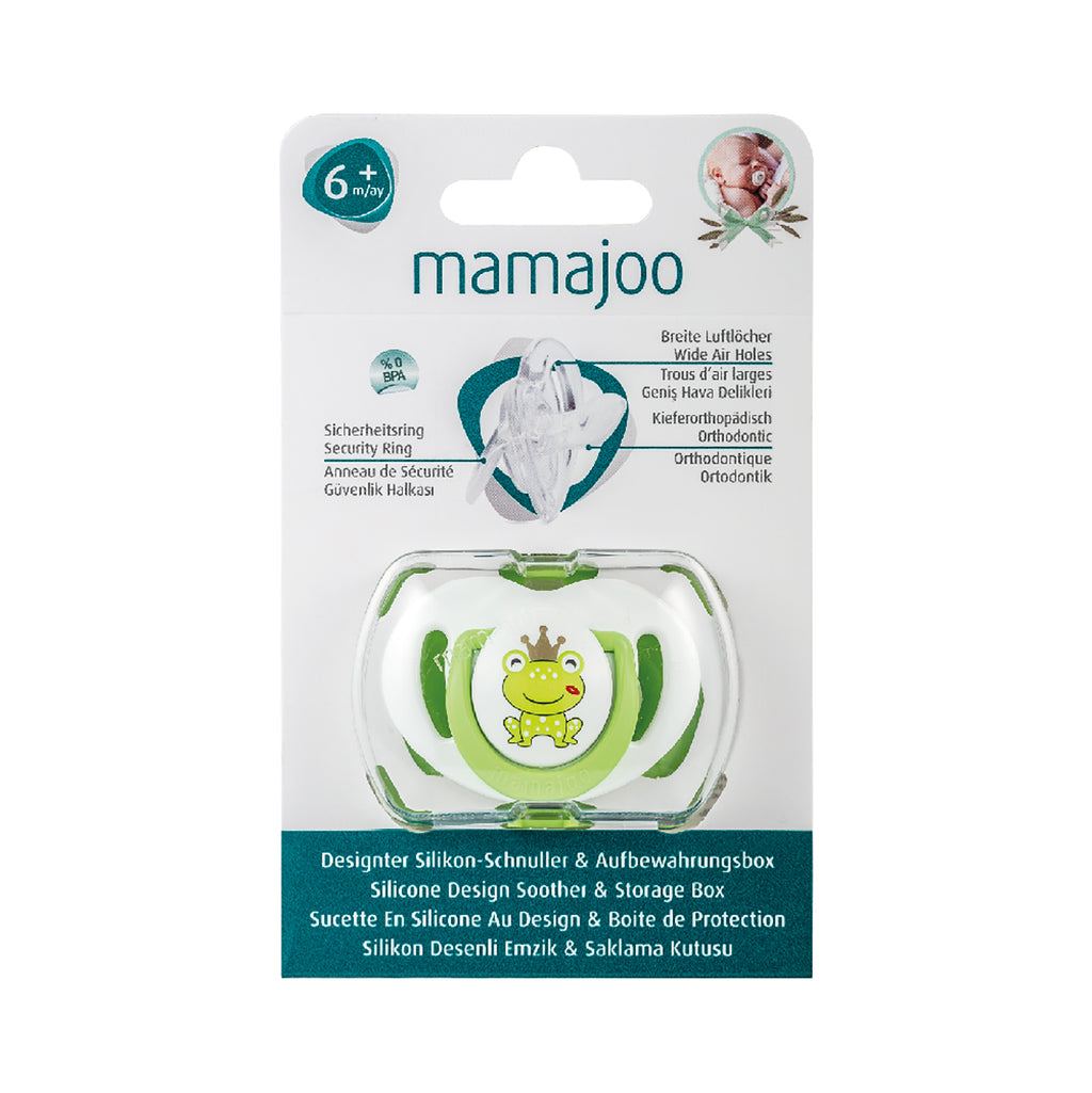 mamajoo Suzeta ortodontică din silicon si cutie de depozitare, Frog -  6 luni