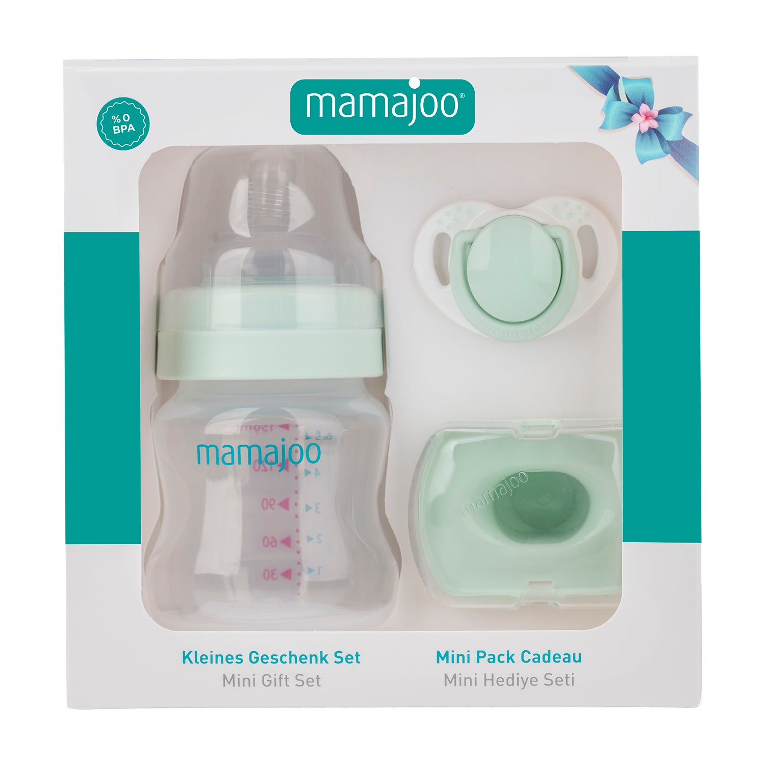 mamajoo Mini set cadou verde praf, Biberon 150ml, Suzeta si cutie de depozitare Imagine principală a produsului