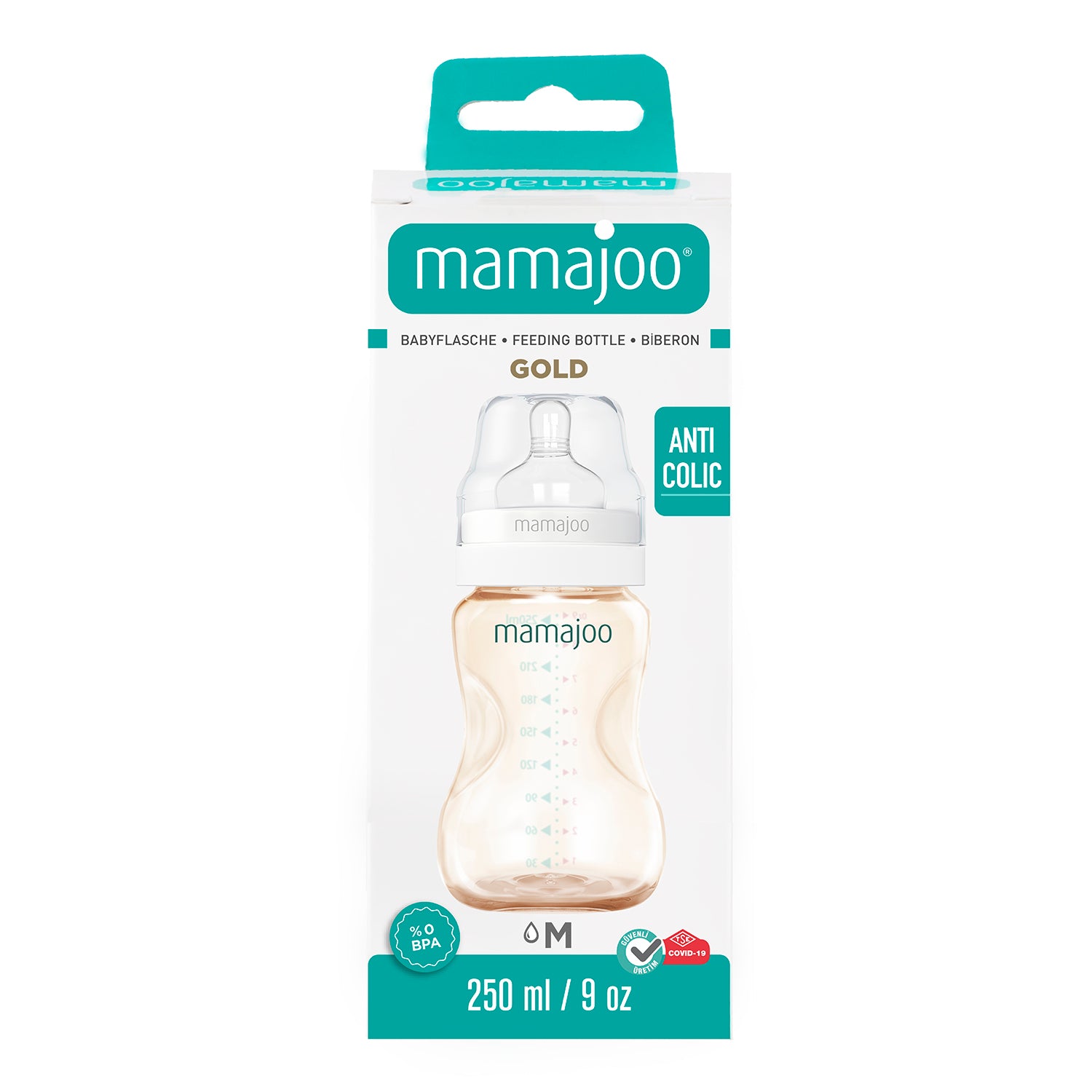 mamajoo Biberon Gold 250 ml & tetina silicon anti-colici nr.2 - M