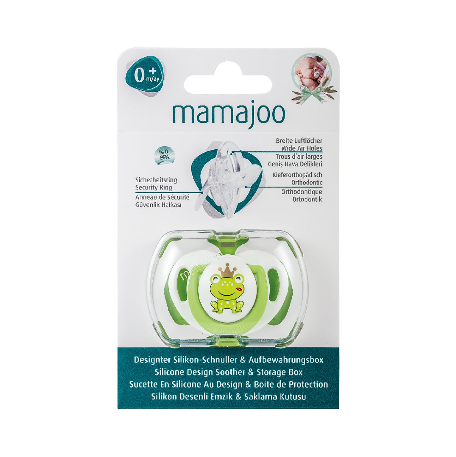 mamajoo Suzeta ortodontica din silicon si cutie de depozitare, Frog - 0 luni Imagine secundară a produsului