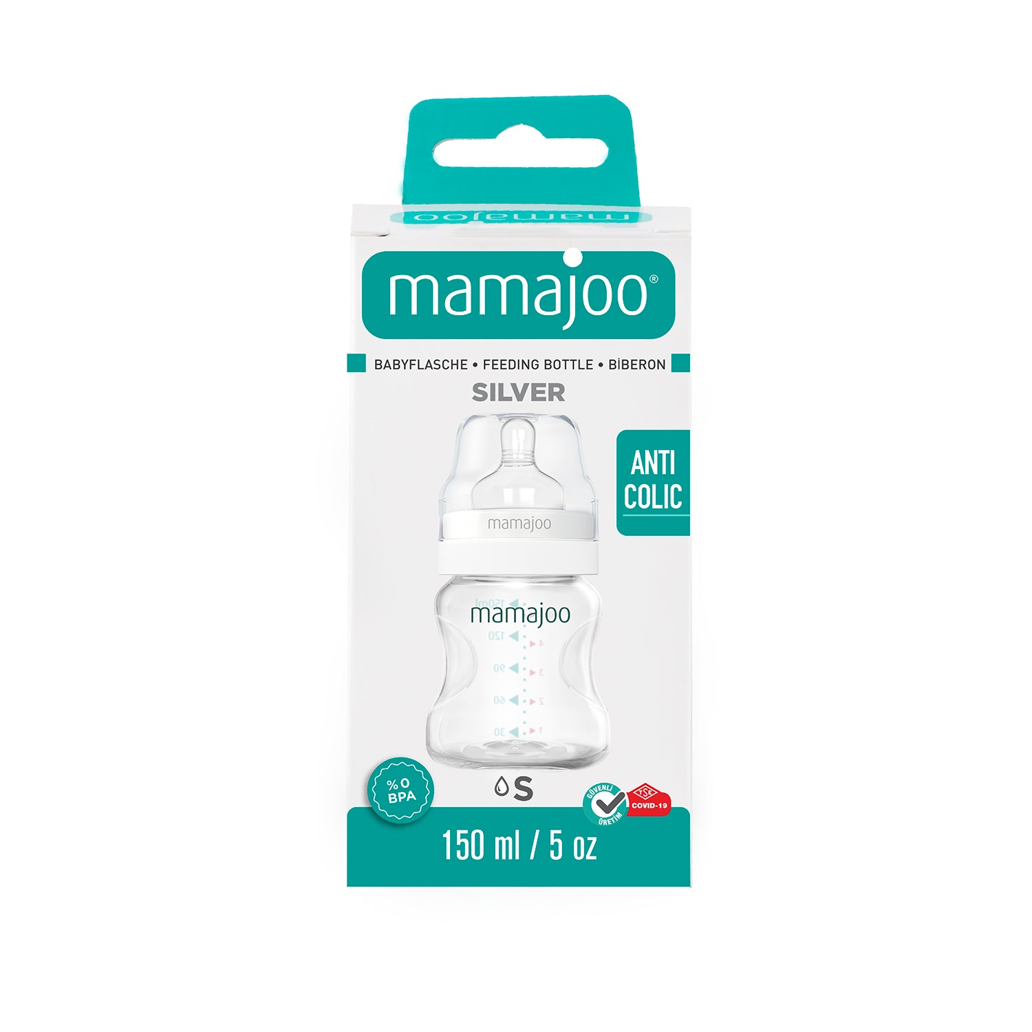 majoo Biberon mamajoo Silver 150 ml & tetina anti-colici nr.1 /S, 1 bucata