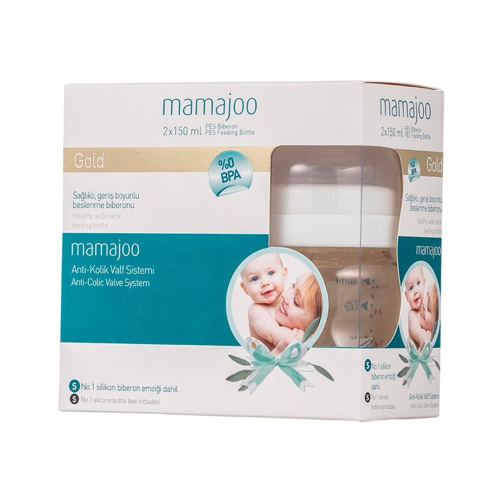 mamajoo Set Biberoane Gold 150 ml & tetina silicon anti-colici nr.1 / S, 2 buc