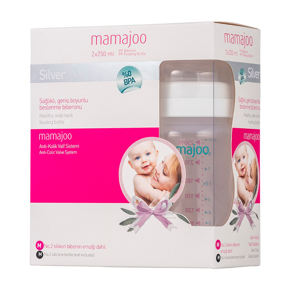 mamajoo Pachet x 2 Biberoane Silver 150ml &amp; tetina anti-colici nr.1 /S, 2 buc