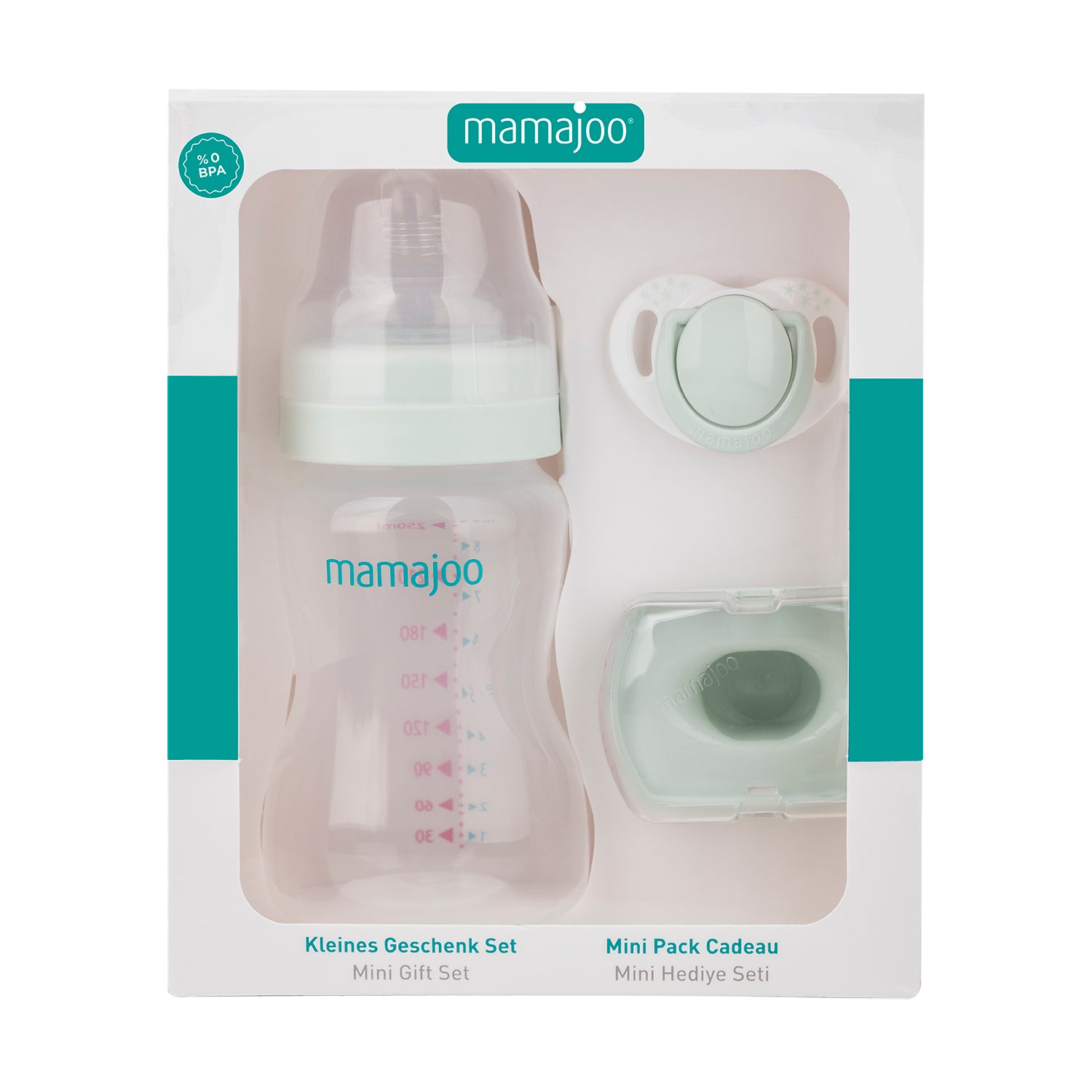 mamajoo Mini set cadou verde praf, Biberon 250ml, Suzeta si cutie de depozitare, 3 buc Imagine principală a produsului