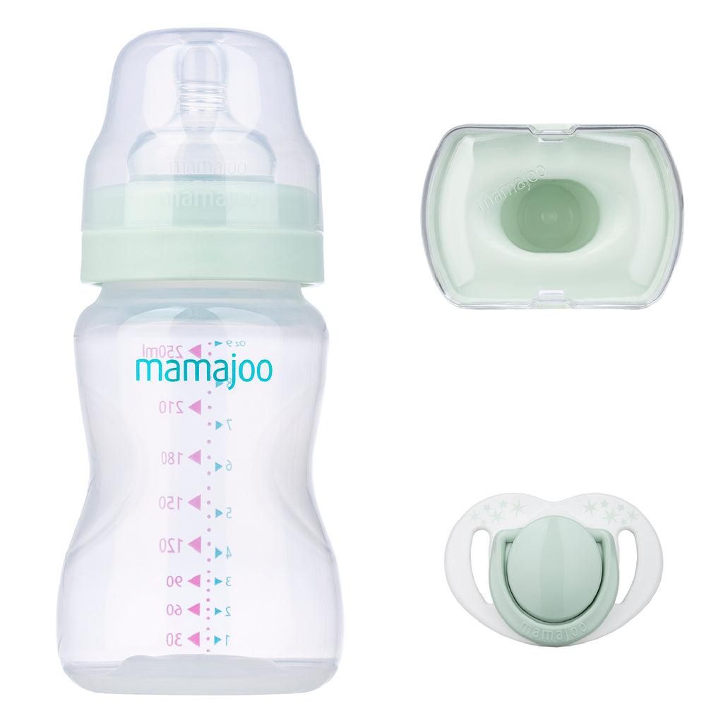 mamajoo Mini set cadou verde praf, Biberon 250ml, Suzeta si cutie de depozitare, 3 buc