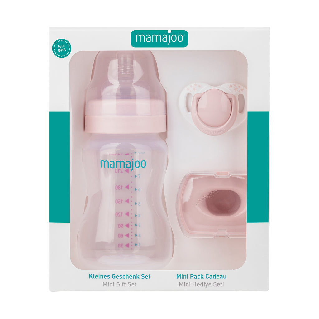 mamajoo Mini set cadou roz pudrat, Biberon 250ml, Suzeta si cutie de depozitare, 3 buc