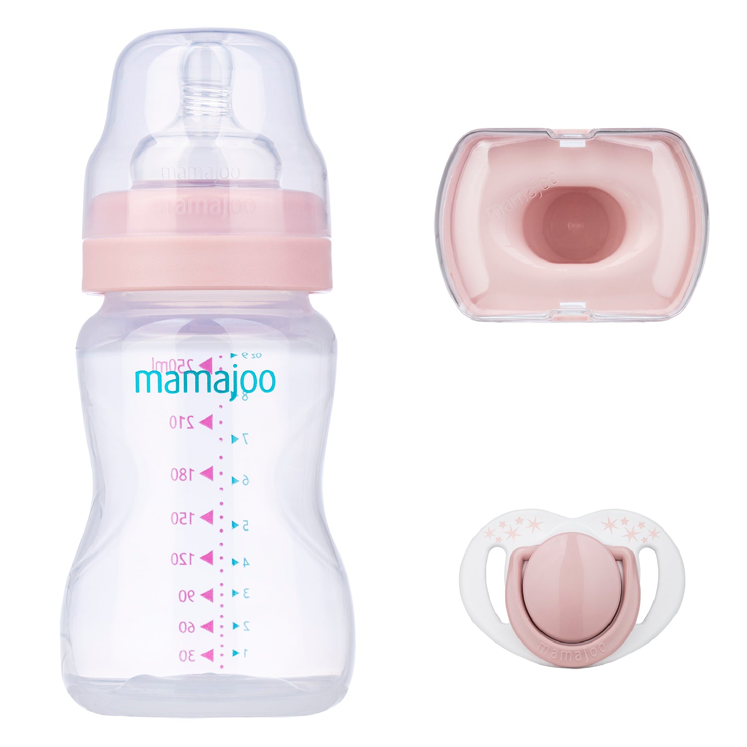 mamajoo Mini set cadou roz pudrat, Biberon 250ml, Suzeta si cutie de depozitare, 3 buc