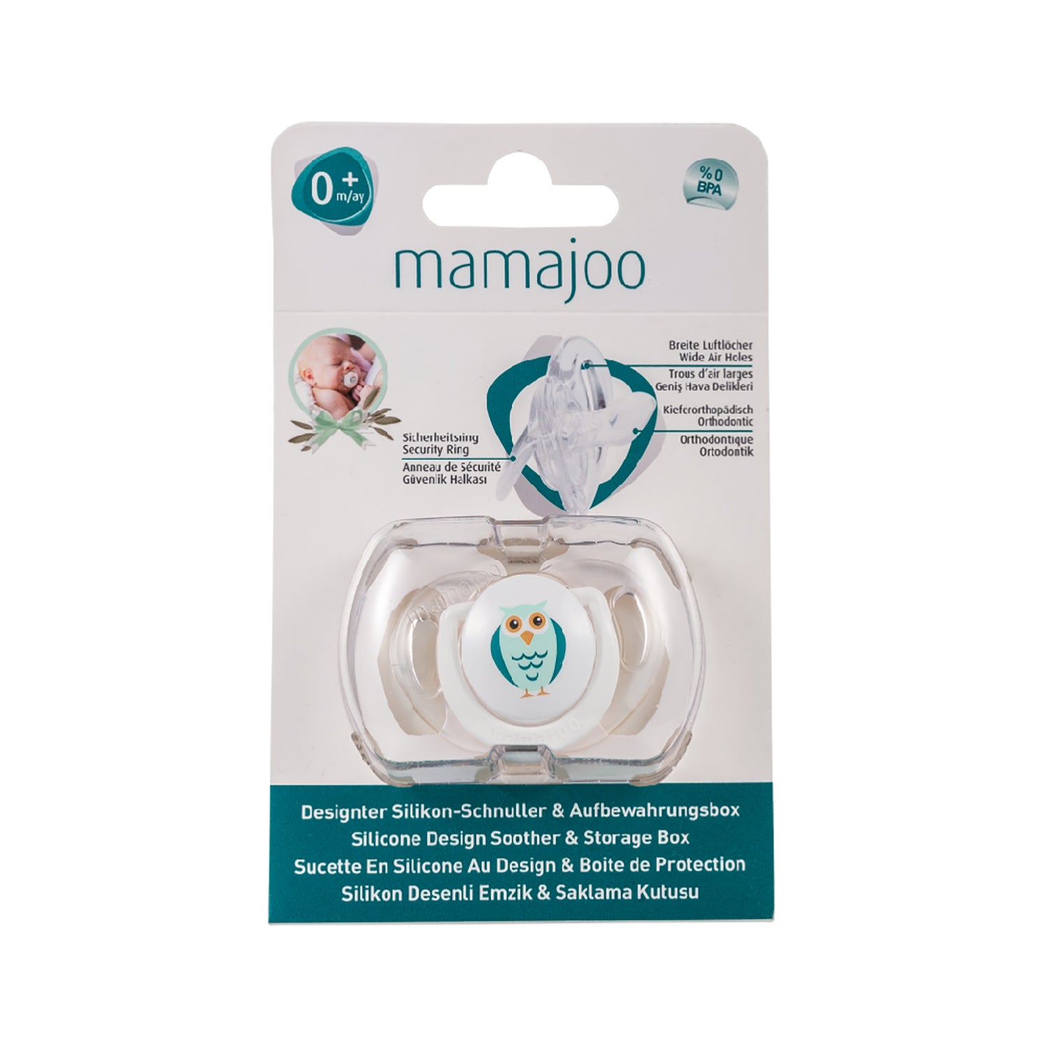 mamajoo Suzeta cu design ortodontic din silicon si cutie de depozitare, Bufnita & cutie alba 0m+, 1 buc Imagine principală a produsului