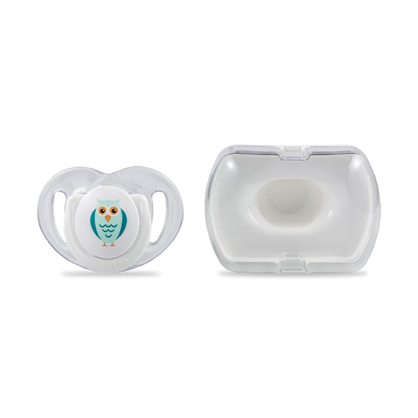 mamajoo Suzeta cu design ortodontic din silicon si cutie de depozitare, Bufnita & cutie alba 0m+, 1 buc