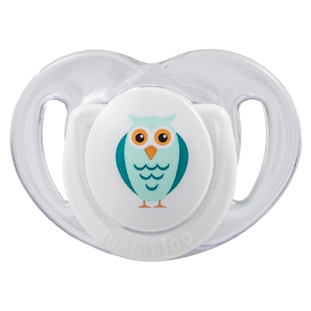mamajoo Suzeta cu design ortodontic din silicon si cutie de depozitare, Bufnita & cutie alba 0m+, 1 buc