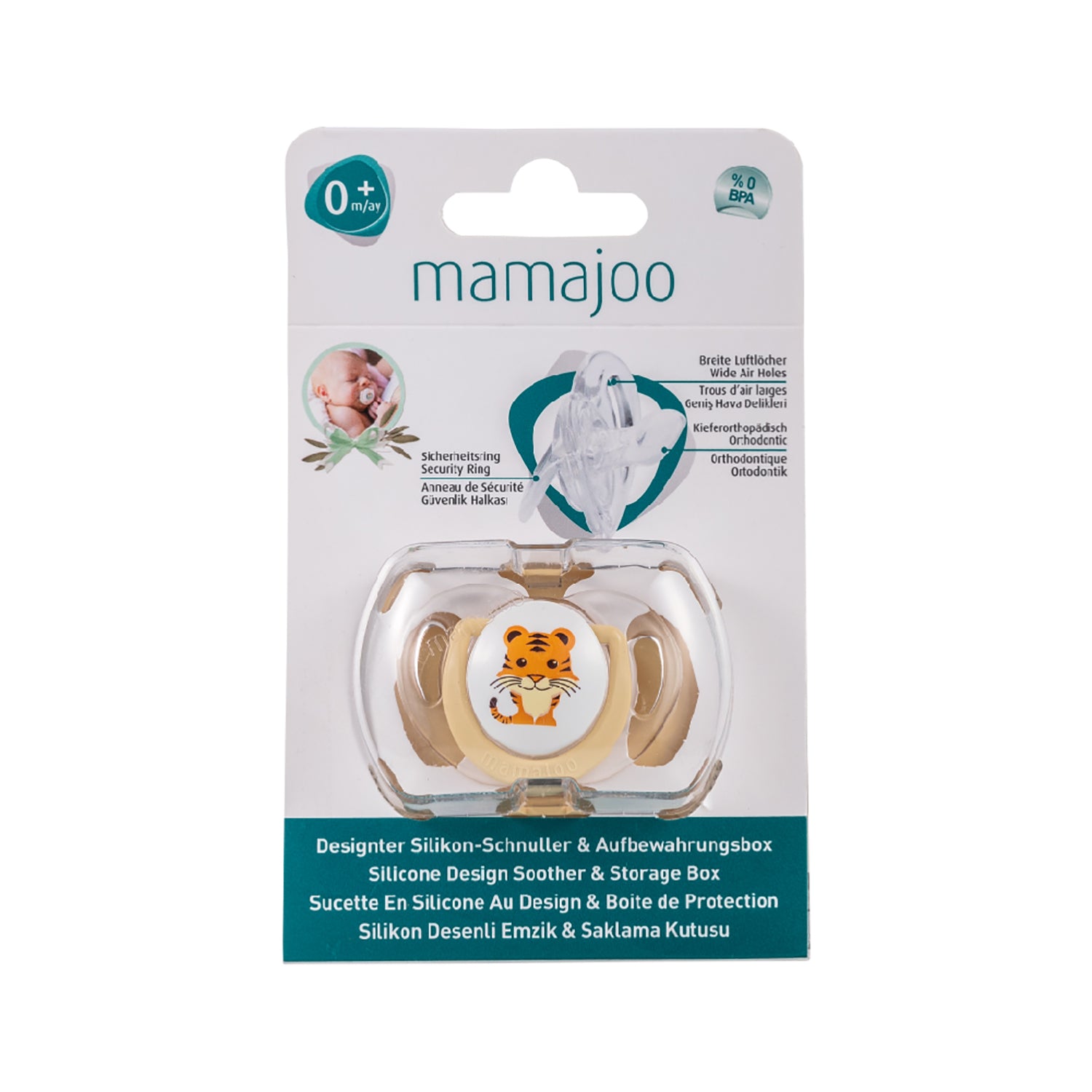mamajoo Suzeta cu design ortodontic din silicon si cutie de depozitare, Tigru &amp; cutie ecru 0m+, 1 buc