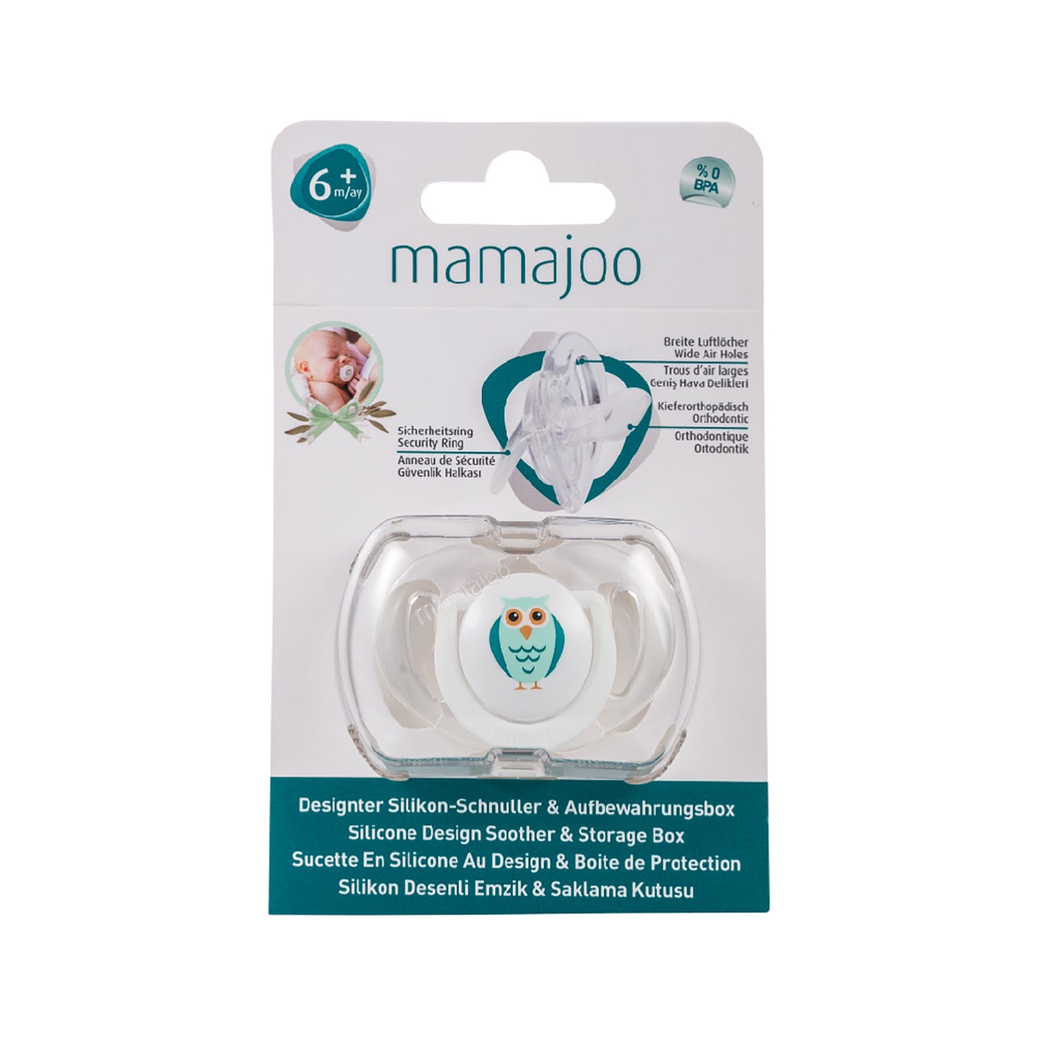 mamajoo Suzeta cu design ortodontic din silicon si cutie de depozitare, Bufnita & cutie alba 6 m+, 1 buc Imagine principală a produsului