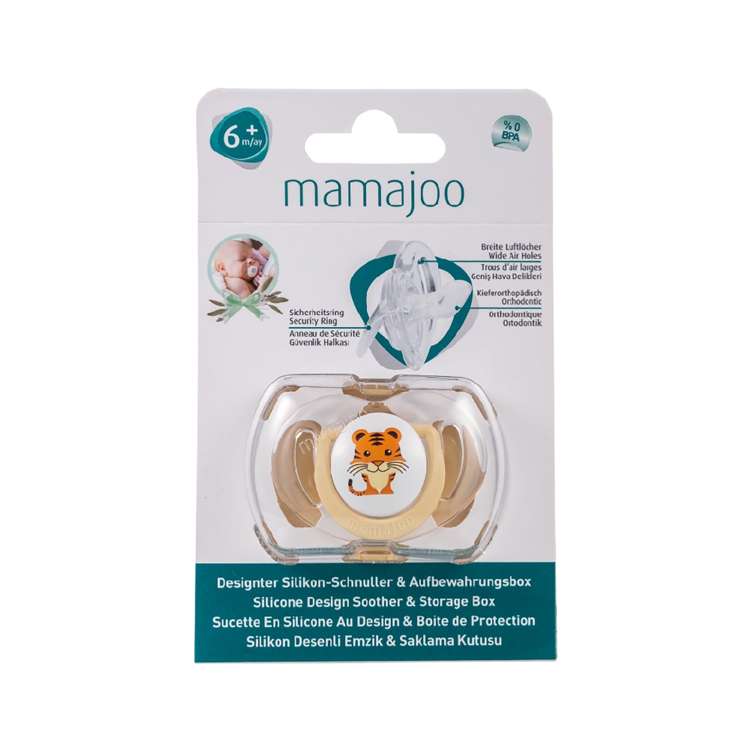 mamajoo Suzeta cu design ortodontic din silicon si cutie de depozitare, Tigru & cutie ecru 6 m+, 1 buc Imagine principală a produsului