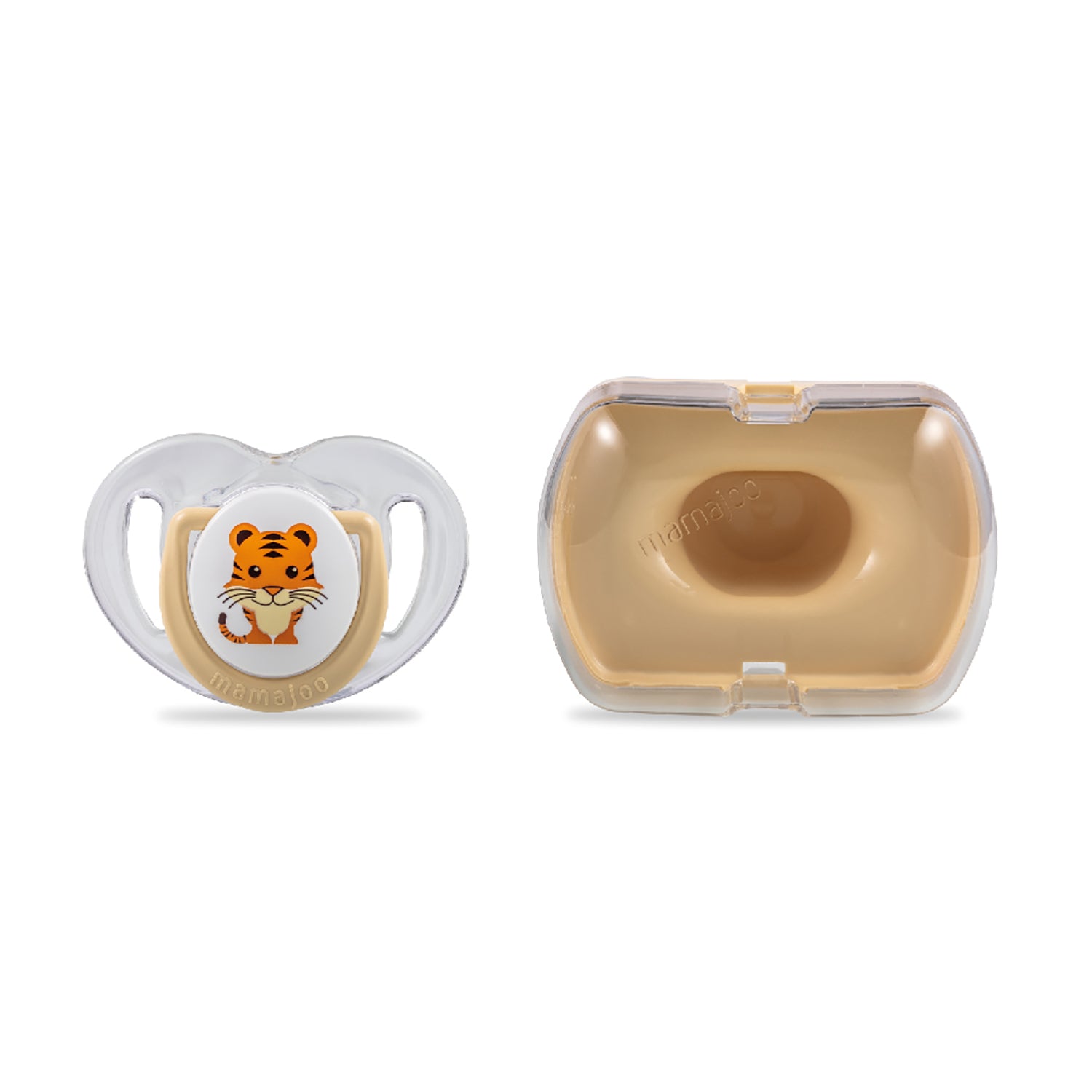 mamajoo Suzeta cu design ortodontic din silicon si cutie de depozitare, Tigru & cutie ecru 6 m+, 1 buc