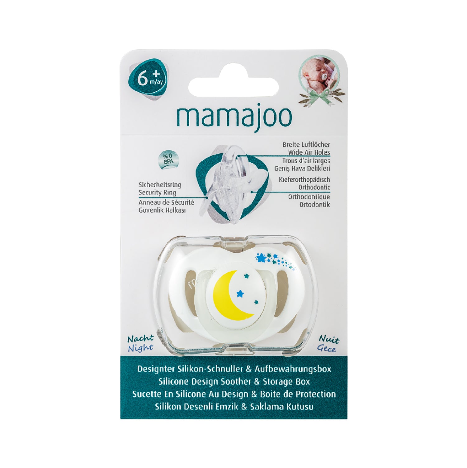 mamajoo Suzeta cu design ortodontic din silicon si cutie de depozitare, Luna si stelele &amp; cutie alba 6m+, 1 buc