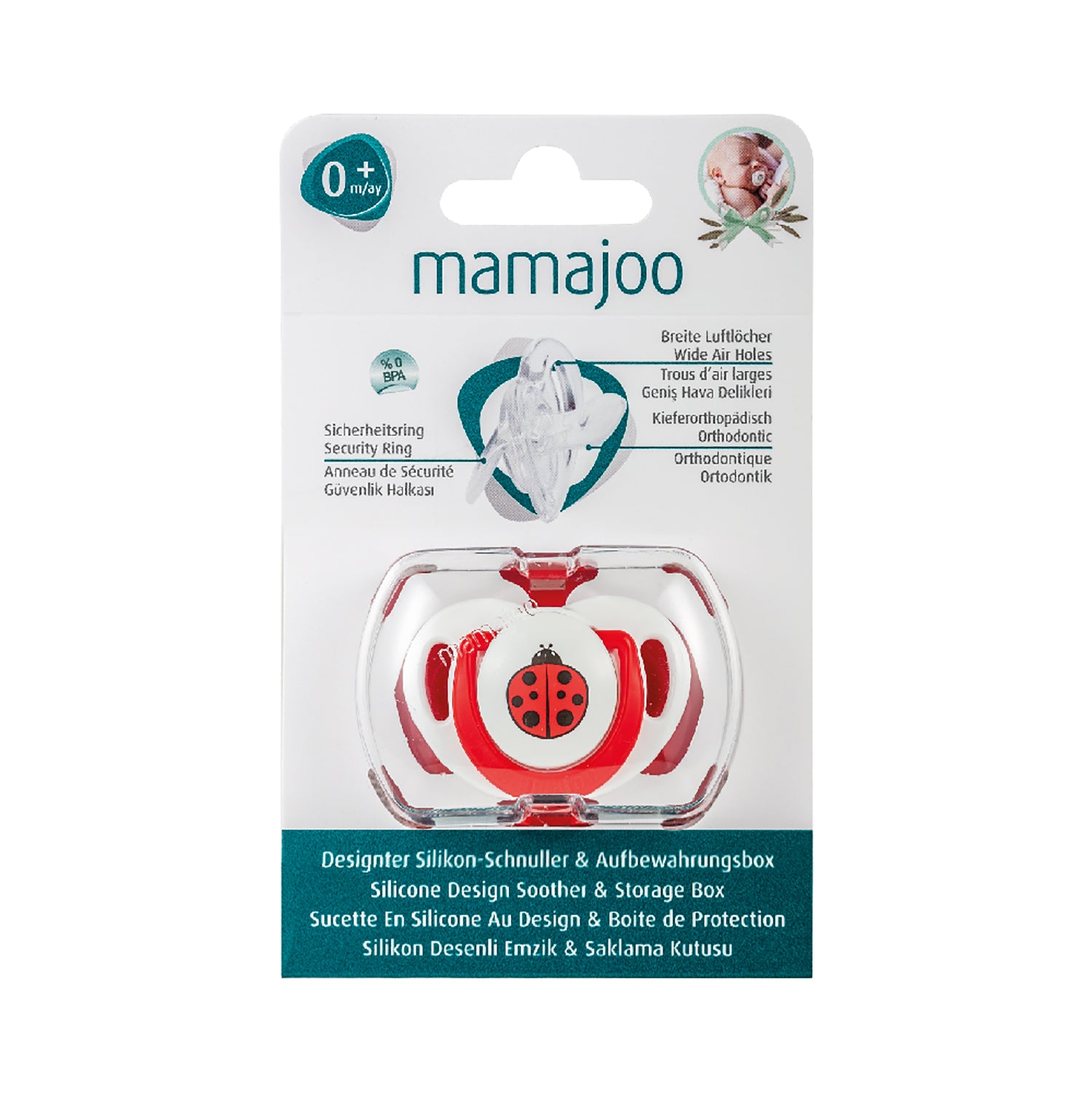 mamajoo Suzeta cu design ortodontic din silicon si cutie de depozitare, Buburuza & cutie rosie 0m+, 1 buc Imagine principală a produsului