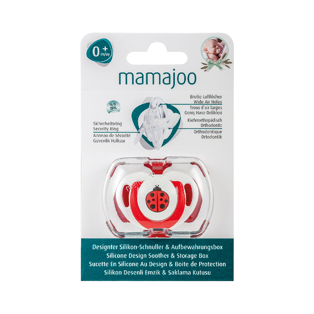 mamajoo Suzeta cu design ortodontic din silicon si cutie de depozitare, Buburuza & cutie rosie 0m+, 1 buc