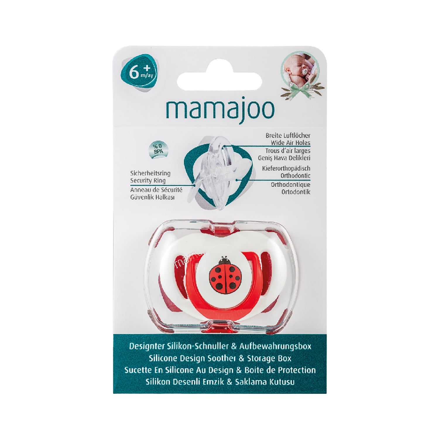 mamajoo Suzeta cu design ortodontic din silicon si cutie de depozitare, Buburuza & cutie rosie 6m+, 1 buc Imagine secundară a produsului