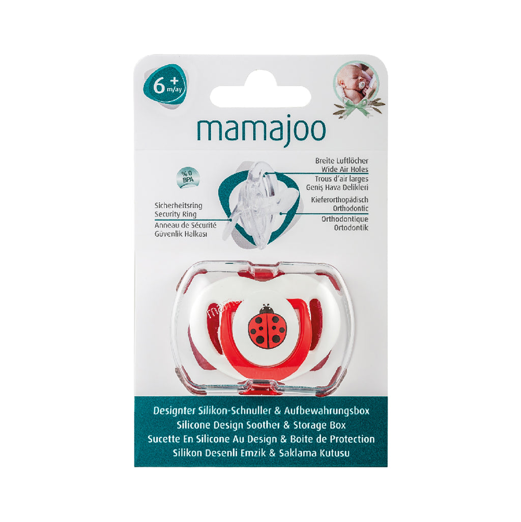 mamajoo Suzeta cu design ortodontic din silicon si cutie de depozitare, Buburuza & cutie rosie 6m+, 1 buc
