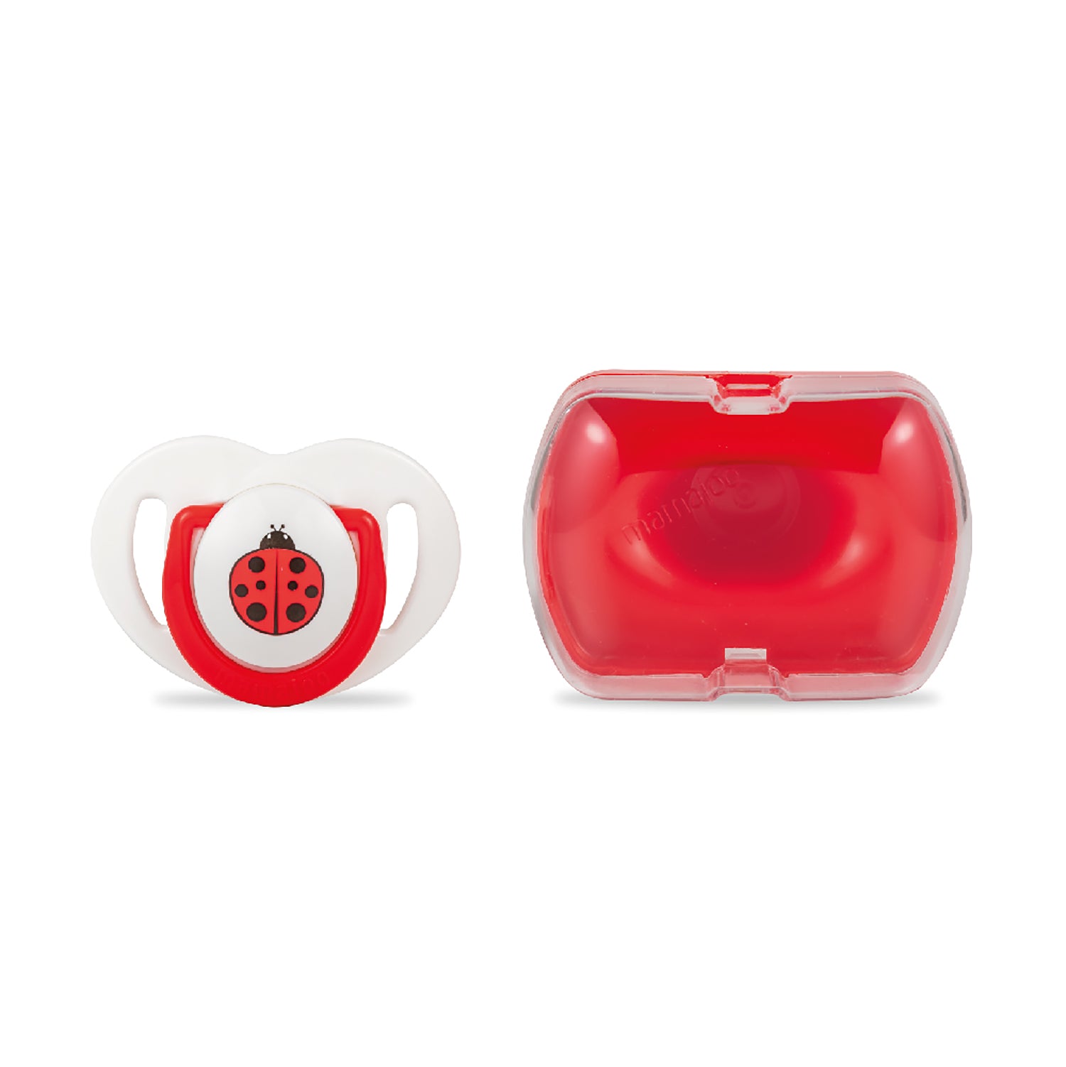 mamajoo Suzeta cu design ortodontic din silicon si cutie de depozitare, Buburuza & cutie rosie 6m+, 1 buc
